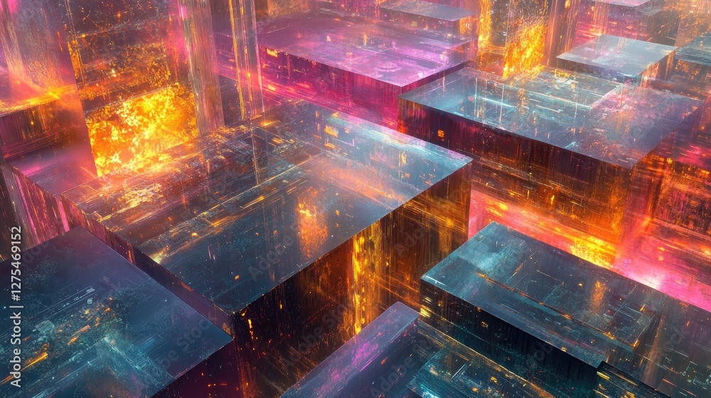 Poster a layered 3d abstract design featuring transparent shapes with glowing edges, evoking a sleek, futur