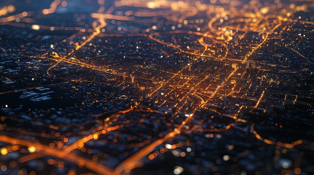 Aerial view of glowing digital map with highlighted routes and locations, symbolizing targeted advertising and location-based services, surrounded by city lights and traffic.