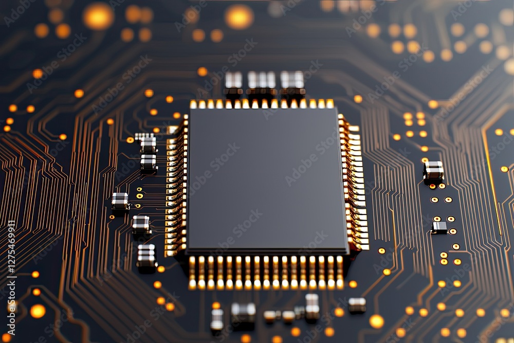 Poster a close-up image of a microchip on a circuit board, showcasing intricate designs and connections wit
