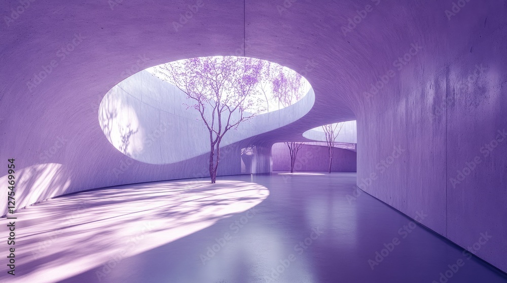 Poster A minimalist purple concrete space featuring curved structures and light that casts delicate tree branch shadows across the floor
