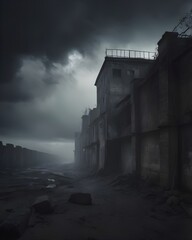 Naklejka premium Mysterious Figure Walking Through a Dark, Abandoned Corridor Towards Light