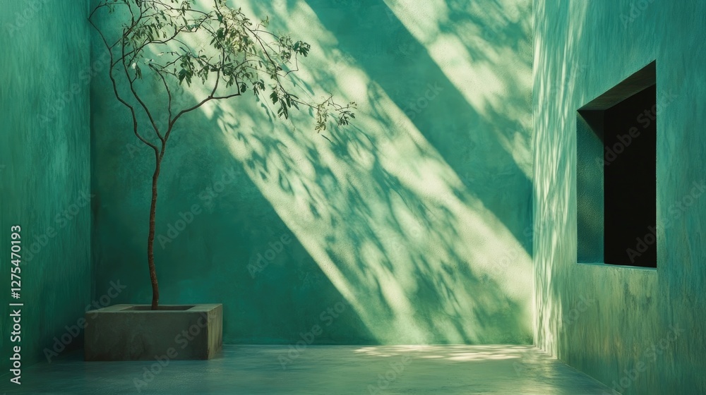 Poster a minimalist turquoise interior with organic textures and light beams casting intricate tree shadows