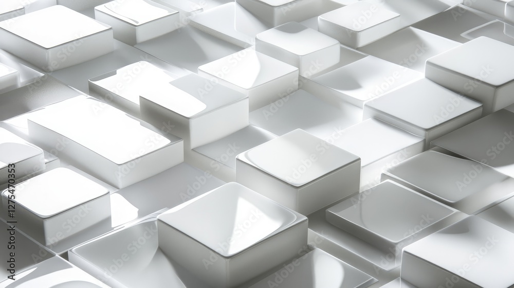 Poster a modern, stylized abstract background with overlapping 3d squares in white and grey, casting delica