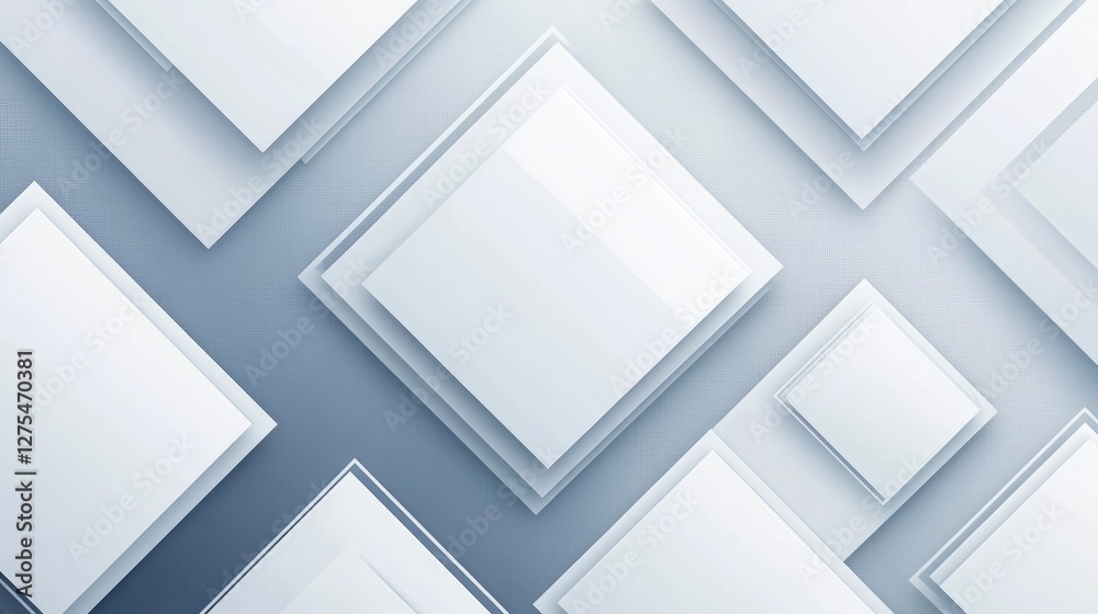 Poster a modern, stylized abstract background with overlapping 3d squares in white and grey, casting delica