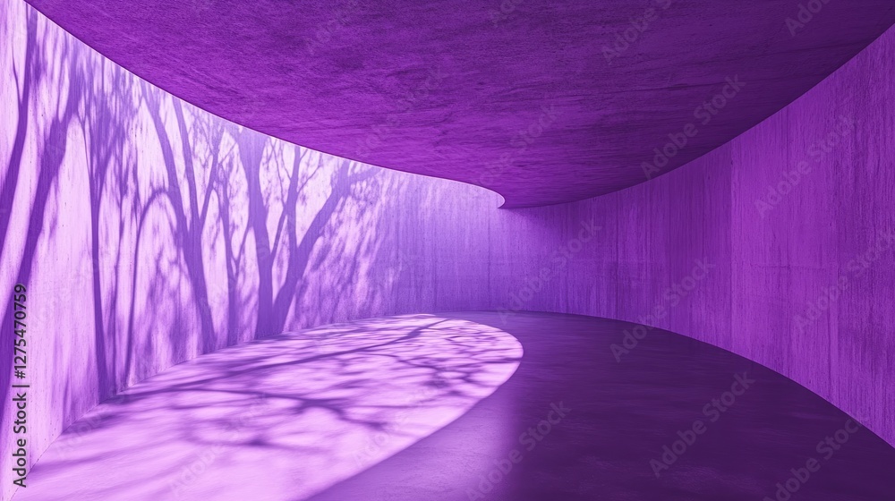 Poster a peaceful, empty purple concrete room with curved textures and subtle lighting, projecting the shad