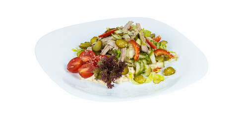 A white plate features a fresh salad of various vegetables and meat