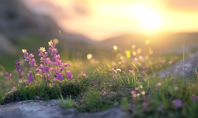 Obraz premium Close-up of Nordic wild plants bathed in warm golden light, Generative AI