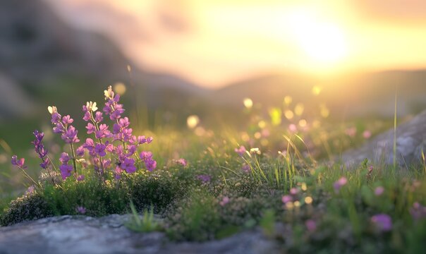 Close-up of Nordic wild plants bathed in warm golden light, Generative AI - Powered by Adobe