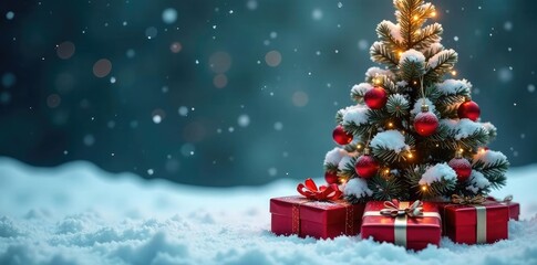 Snow-covered Christmas tree with red presents, festive, red christmas, gift