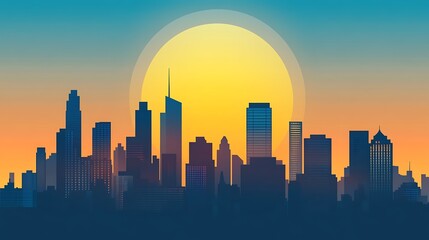 Obraz premium City Skyline at Sunset with a Large Sun