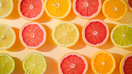 Obraz premium Background of a beautifully arranged flat lay composition of fresh and juicy sliced oranges and citrus fruits, perfect for health food advertising and wellness branding.