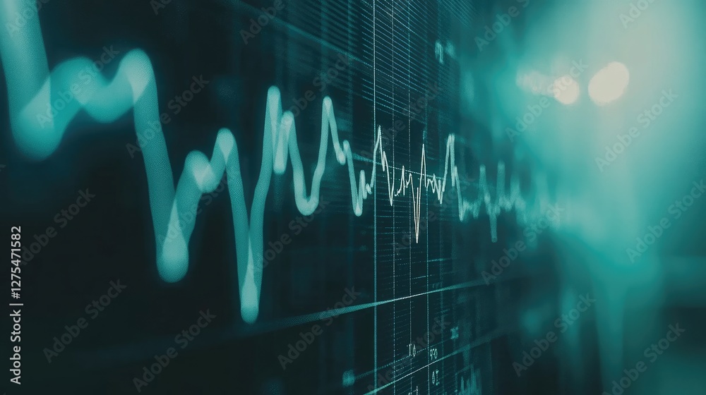 Poster a smooth cyan heartbeat pattern displayed on an ekg monitor, evoking feelings of calm, comfort, and 