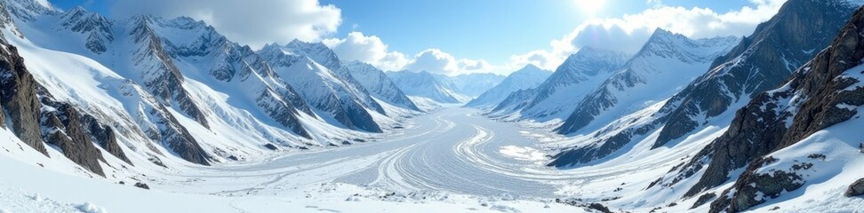 Glacier and moraine-encrusted valley in sunny alpine landscape, moraine, snow