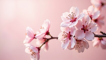 Obraz premium Cherry blossoms on branch with soft pink background.