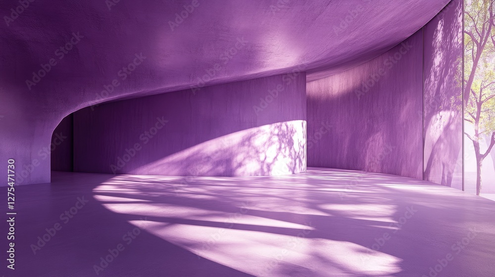 Poster a spacious purple concrete room with smooth, curved walls and rough textures, casting soft tree bran