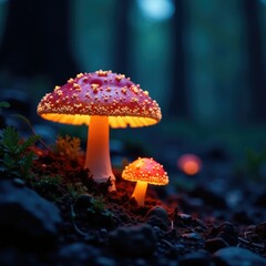 Fototapeta premium Glowing caps of rare fungi illuminate forest floor at dusk, Magical, Spores
