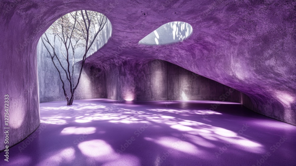 Poster a striking purple concrete interior with rounded walls and rough textures, illuminated by light that