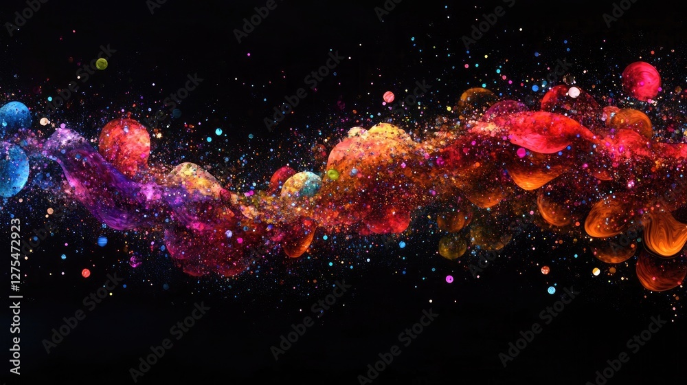 Poster a vibrant and dynamic wave of digital particles in various colors, symbolizing energy, innovation, a