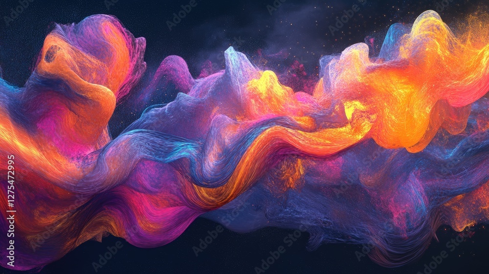 Poster A vibrant abstract wave of digital particles flowing dynamically, symbolizing energy and the essence of modern technology in a colorful, futuristic design