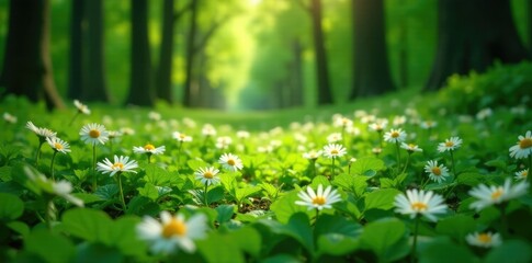 A carpet of white flowers in a forest clearing, green, floral, nature