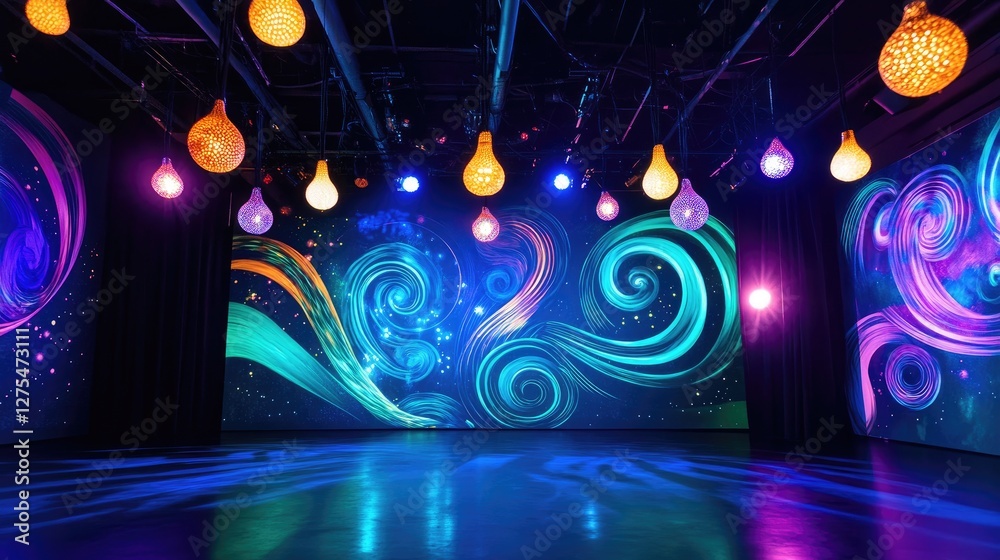 Poster a vibrant and energetic stage backdrop featuring swirling patterns and glowing bulbs, exuding a play