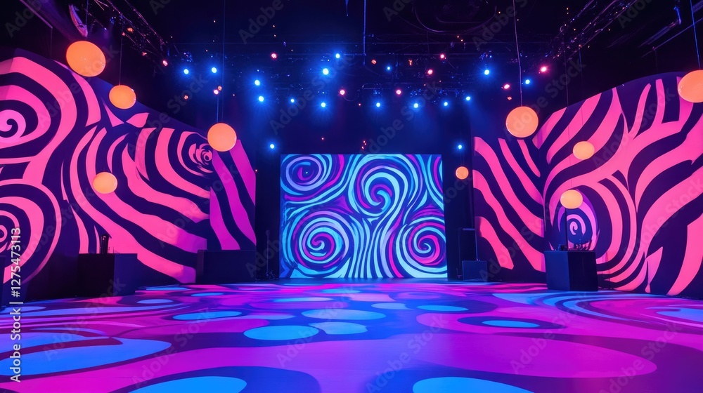 Poster A vibrant and energetic stage backdrop featuring swirling patterns and glowing bulbs, exuding a playful and dynamic atmosphere for events