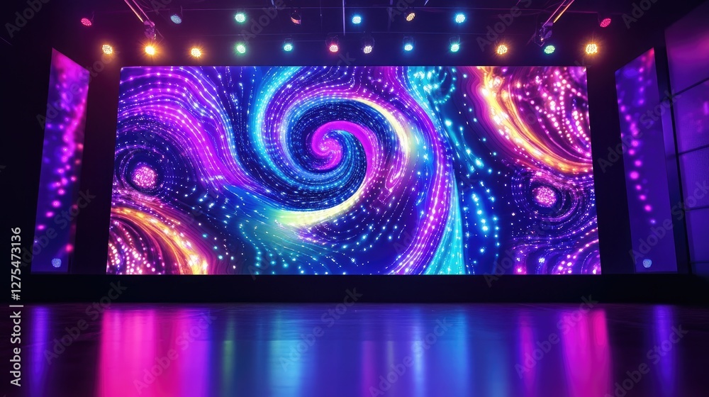 Poster A vibrant and energetic stage backdrop featuring swirling patterns and glowing bulbs, exuding a playful and dynamic atmosphere for events