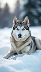 Naklejka premium Snowy Siberian Husky lying on a blanket of fresh snow, pure, landscape, tranquil