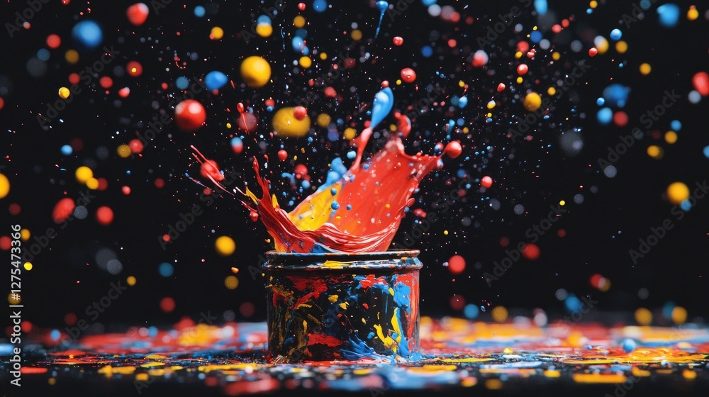Poster a vibrant explosion of colorful paint splatters bursting from a small paint can, set against a black
