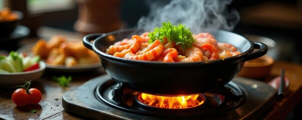 Fototapeta premium Hot pot simmering on a low-burning stove table, hot pot, seafood