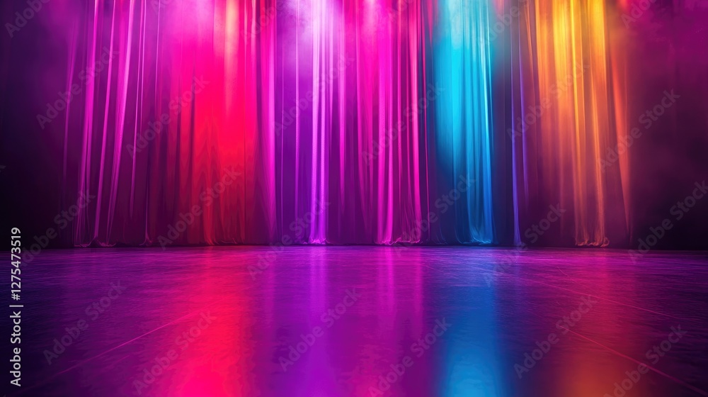 Poster a vibrant multicolored stage background with bold lighting effects, providing plenty of copy space f