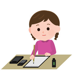 習字をする女の子　イラスト