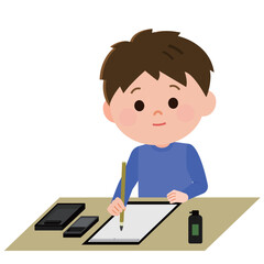 習字をする男の子　イラスト