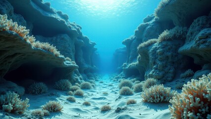 Obraz premium Underwater coral reef canyon with bleached corals and sunlight filtering in 