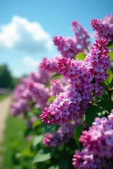 Obraz premium Lilac bushes laden with fragrant flowers against a blue sky, flowers in bloom, colors