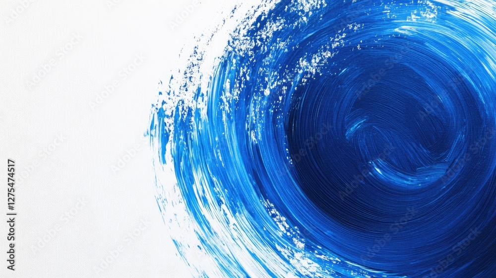 Poster Abstract blue circular brush stroke on a white canvas, creating a minimalist and modern artistic design element for creative projects