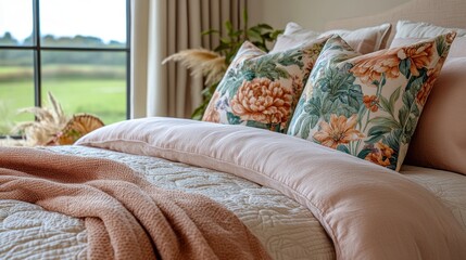 Luxurious bedroom, floral pillows, country view, cozy
