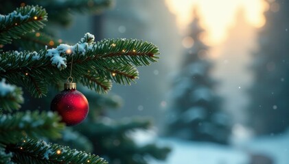 Majestic fir tree branch stretches towards the sky with a red Christmas ball nestled among frosted leaves, holly, evergreen, forest