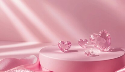 Pink crystal hearts on pedestal, sunlit studio, Valentine's Day