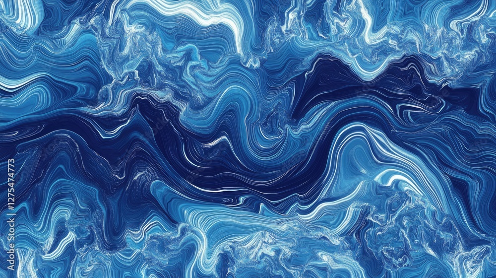 Poster Abstract blue wave-like patterns undulating horizontally, creating a dynamic background full of depth and movement, perfect for modern designs