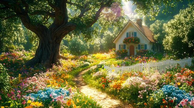 Fairytale countryside cottage surrounded by vibrant wildflower meadow under golden sunlight. Seamless looping 4K time-lapse animation video background