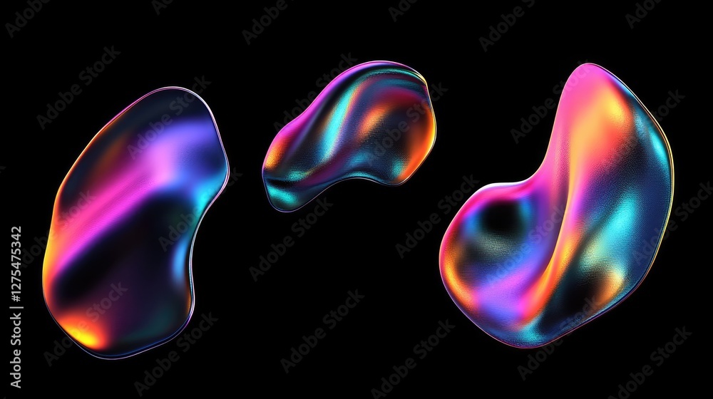 Poster abstract fluid 3d shapes in metallic textures and vibrant gradient colors, set against a dark backgr