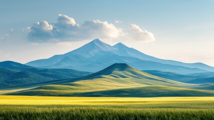 Fototapeta premium A serene landscape featuring rolling hills and majestic mountains under a clear blue sky, evoking tranquility and natural beauty.