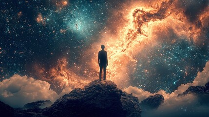 Fototapeta premium An awe-inspiring cosmic scene with a solitary figure standing on rocky terrain, gazing at swirling galaxies and stars, symbolizing exploration, wonder, and the vastness of existence.