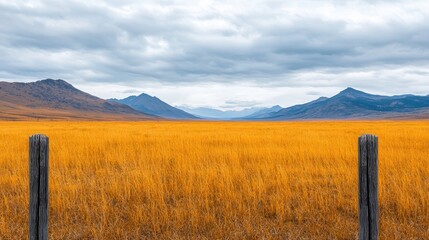 Fototapeta premium A vast golden field stretches towards mountains under a cloudy sky, framed by wooden fence posts, evoking a serene and rural landscape.