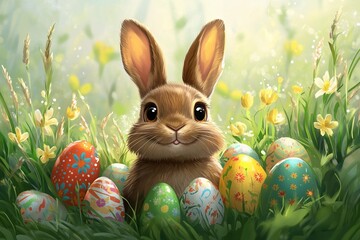 Smiling Cartoon Easter Bunny with Colorful Decorated Eggs in Green Grass &ndash; Cute Spring Holiday Illustration