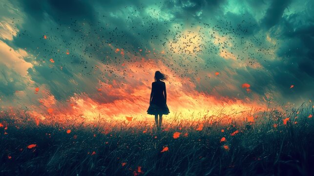 This striking image showcases a lone figure standing in a field beneath tumultuous skies, with a vivid blaze of colors representing turmoil and inner conflict.