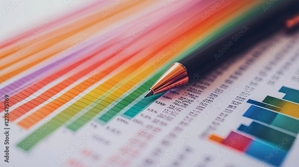 Poster a colorful array of data visualization charts with a pen resting on a sheet of statistical informati