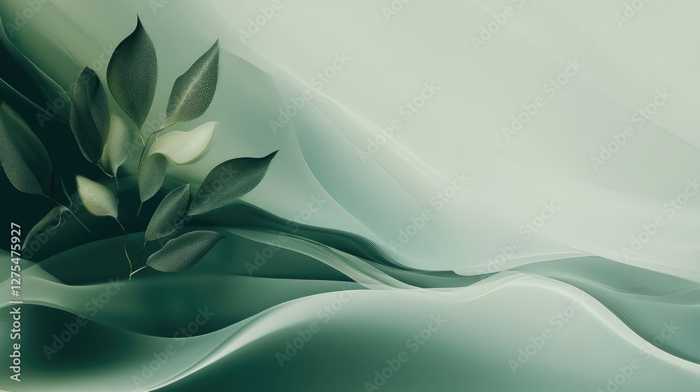 Poster abstract green background with curving lines and natural elements, symbolizing nature fluidity and b