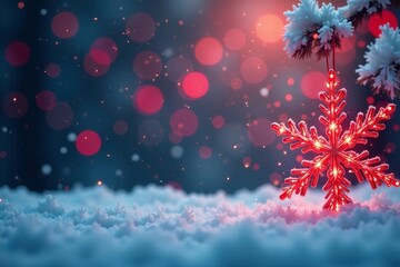 Winter wonderland backdrop with red snowflake bokeh, holiday season theme, background, winter
